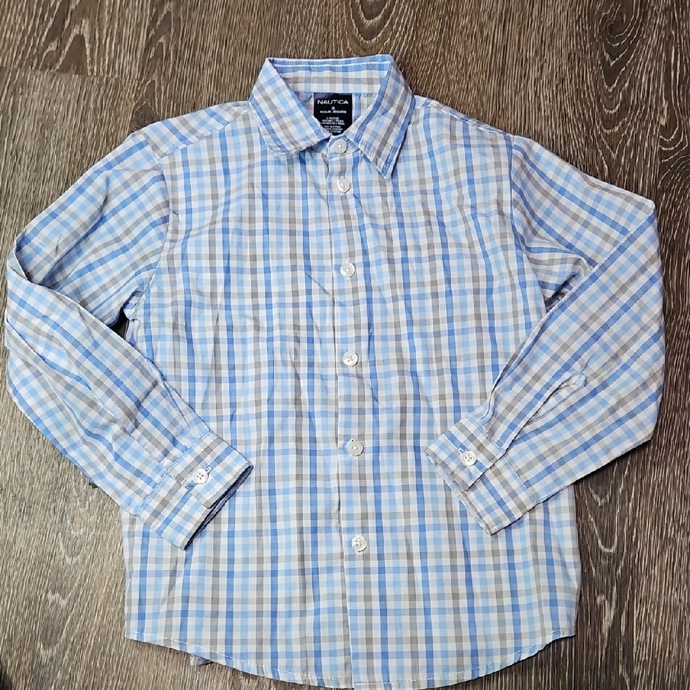 Nautica Blue and White Plaid Long-Sleeve Button-Up Shirt